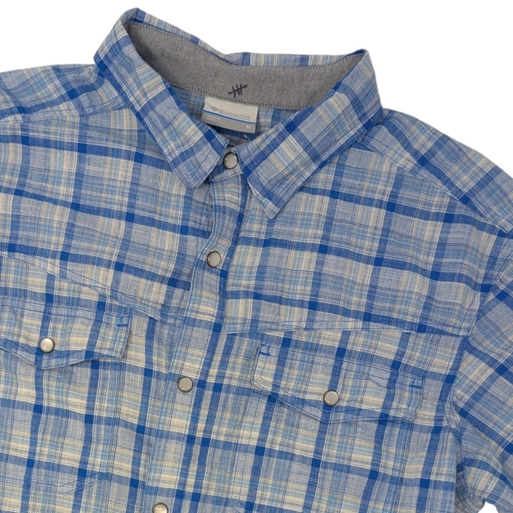 Columbia Mens Medium Plaid Pearl Snap Short Sleeve‎ Shirt Blue White Outdoor